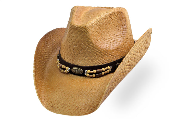 Rustic Western Cowboy Hat – Coated Straw with Faux Leather Band, Concho & Beaded Accent | Florida Hat Co.