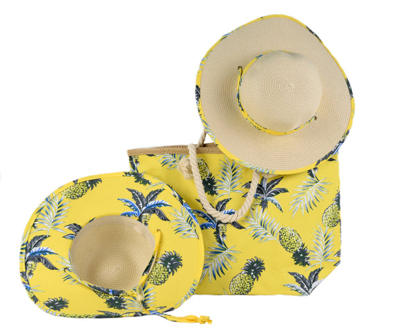 Ladies Cloth Underbrim Hat & Beach Bag Set (Yellow Pineapple)