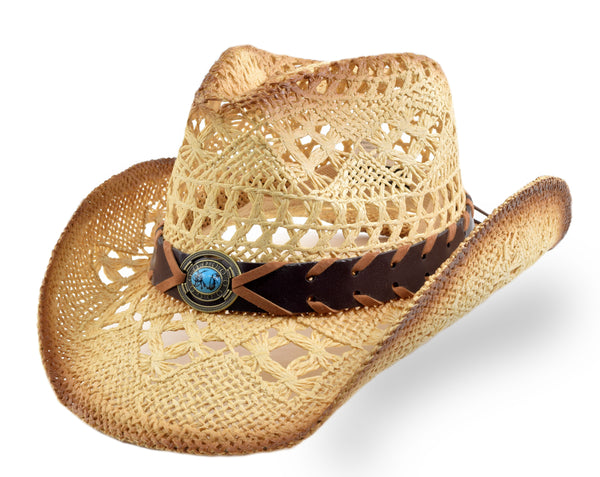 Vented Tea Stain Western Hat Turquoise Stone