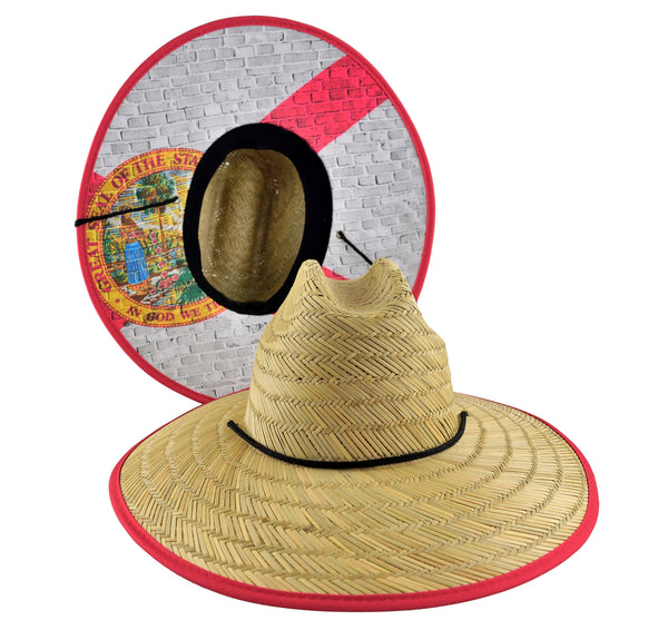 Straw Lifeguard Hat - Florida State Flag Cloth Under Brim